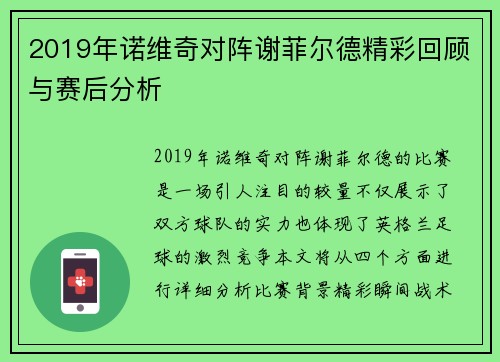 2019年诺维奇对阵谢菲尔德精彩回顾与赛后分析